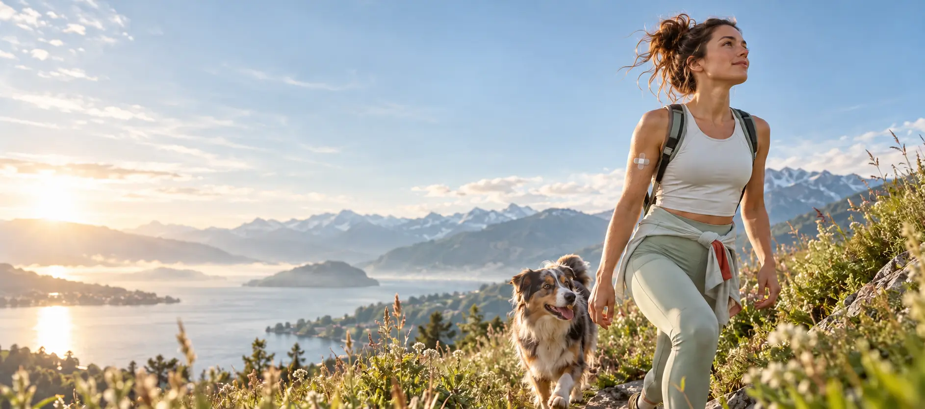 Woman hiking with her dog above a lake while wearing a compact glucose sensor